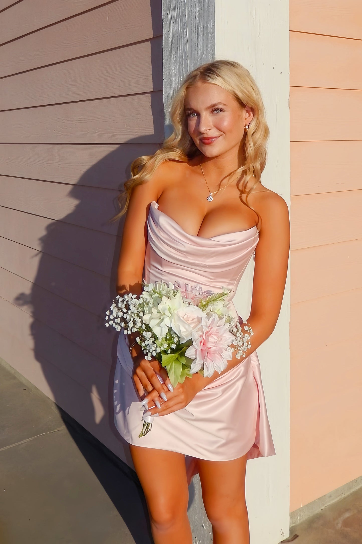 Strapless Cowl Neck Satin Corset Mini Dress