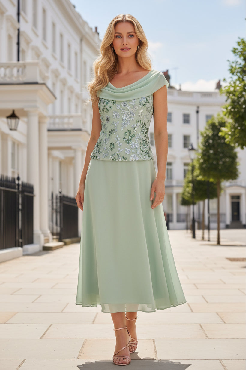 Cowl Neck Sequin Bodice A-Line Tea-Length Dress