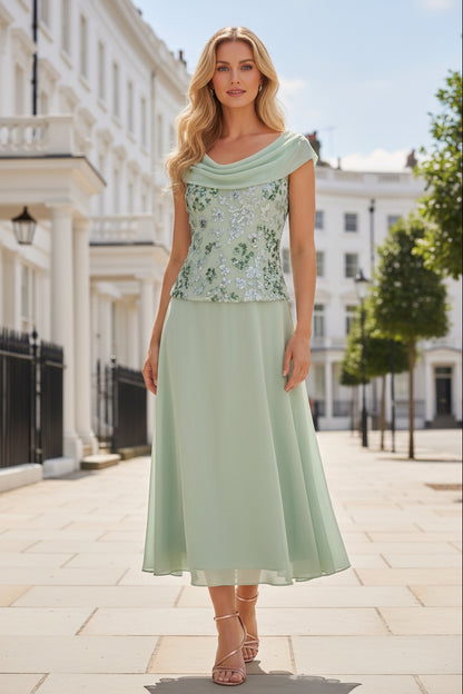 Cowl Neck Sequin Bodice A-Line Tea-Length Dress