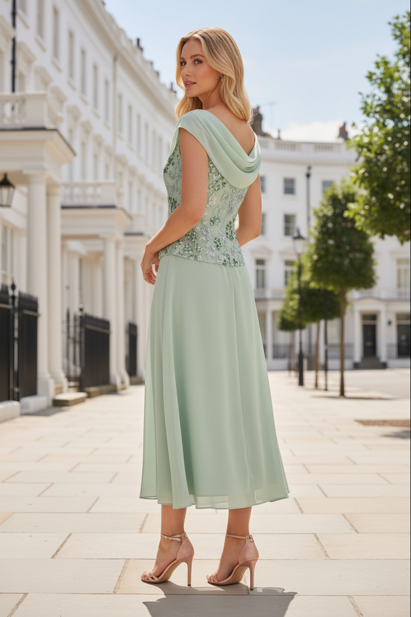 Cowl Neck Sequin Bodice A-Line Tea-Length Dress