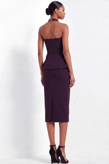 Strapless Double-Breasted Peplum Midi Dress