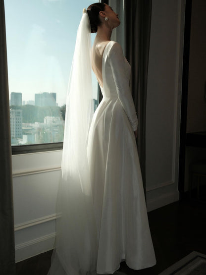 Minimalist Bateau Neck Long Sleeve A-Line Wedding Dress