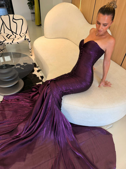 Ruched Mermaid Gown with Covered Buttons