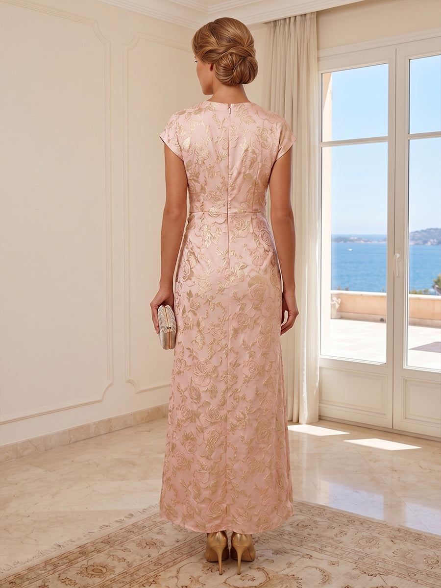 Metallic Jacquard Ruched Sheath Evening Gown