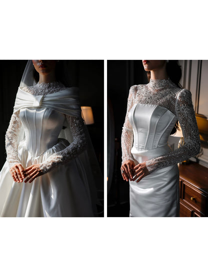 Lace High-Neck Ball Gown Wedding Dress with Train