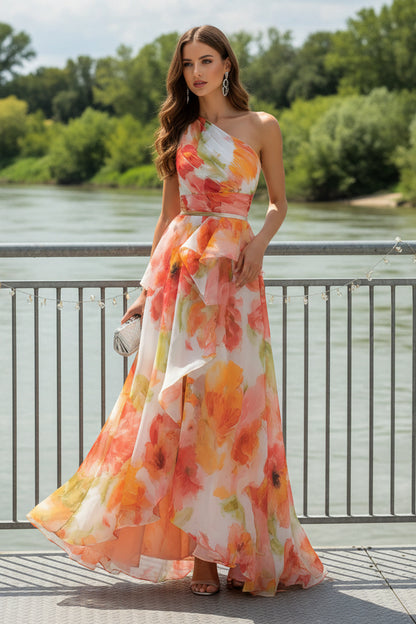 One-Shoulder Floral High-Low Maxi Dress