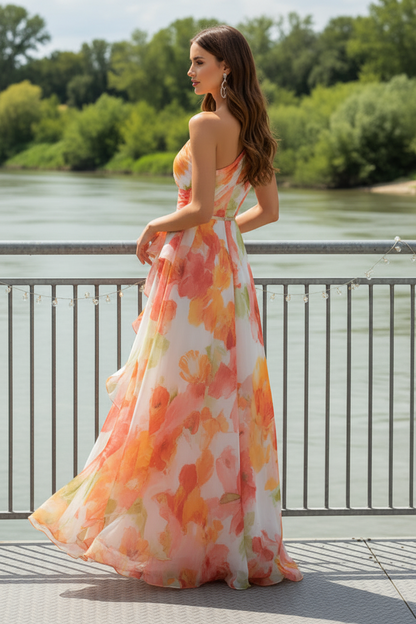 One-Shoulder Floral High-Low Maxi Dress