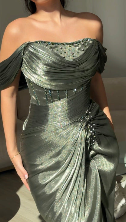 Draped Off-the-Shoulder Gown with Beading