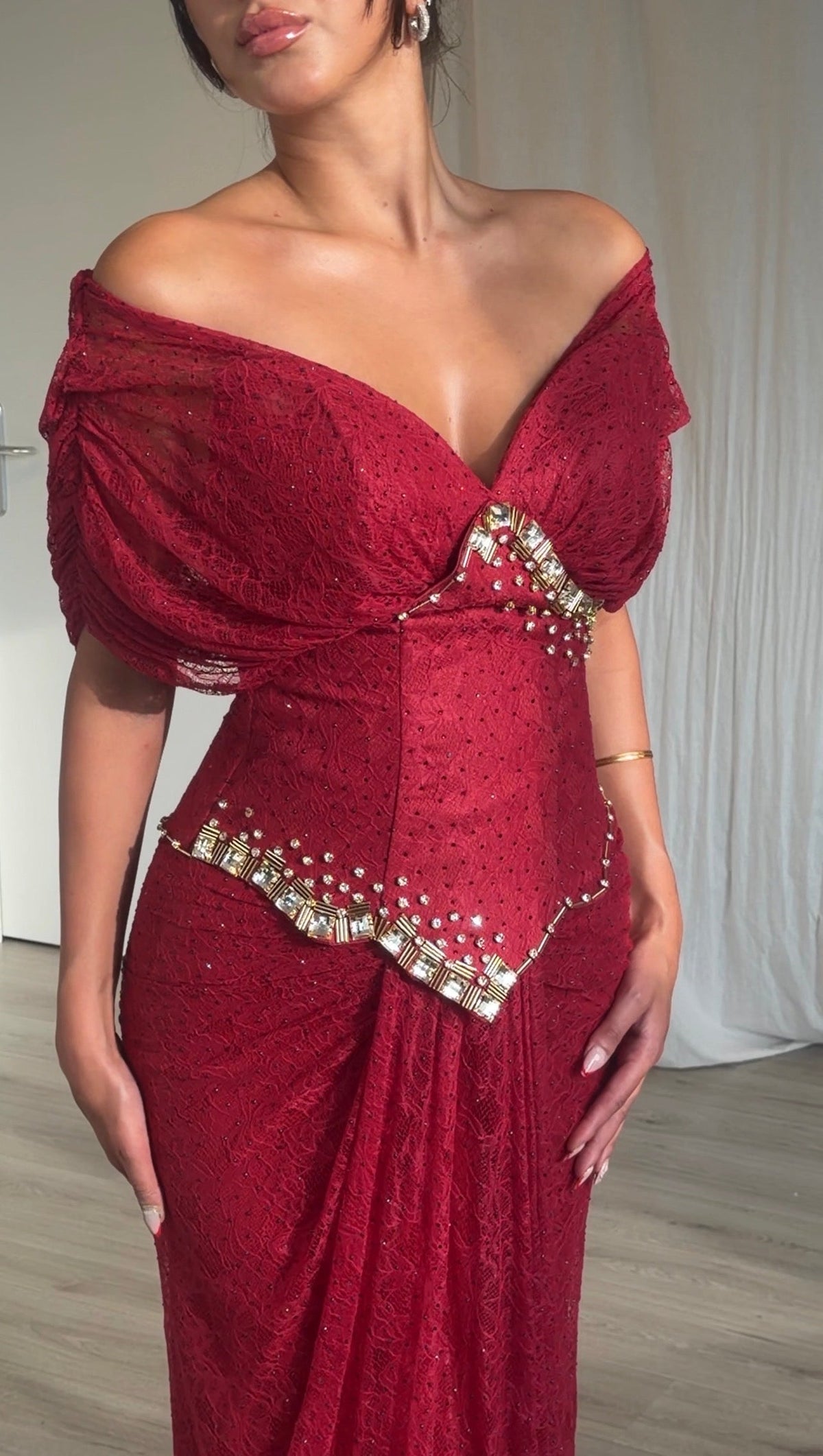 Off-Shoulder Ruched Gown with Crystal Trim