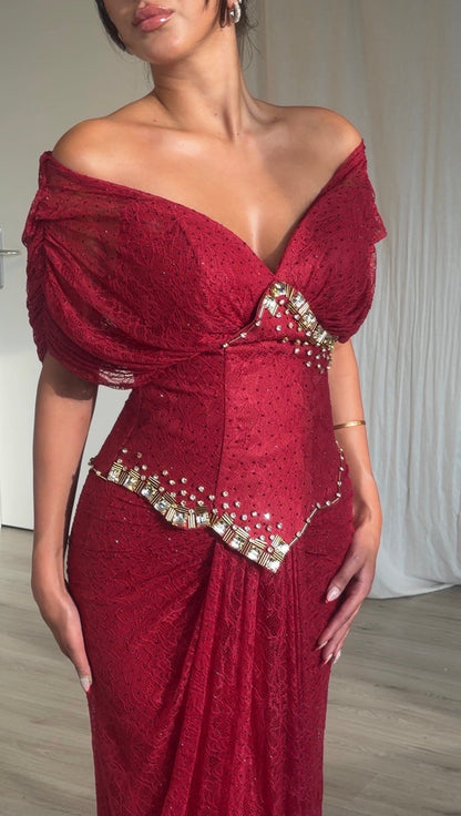 Off-Shoulder Ruched Gown with Crystal Trim