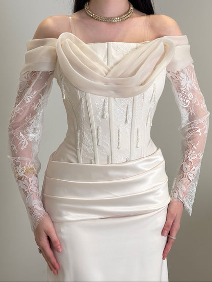 Corset Lace Sleeve Gown with Draped Cowl Neck