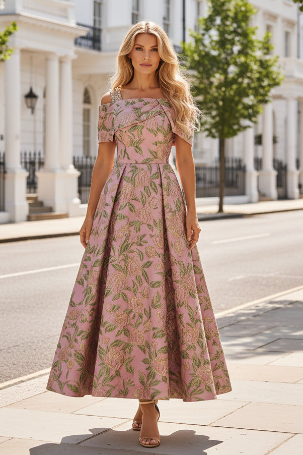 Floral Jacquard A-Line Gown with Pearl-Strap Off-Shoulder