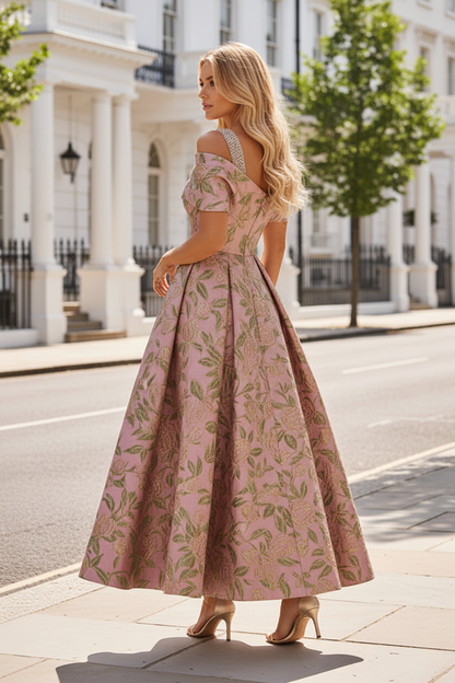 Floral Jacquard A-Line Gown with Pearl-Strap Off-Shoulder