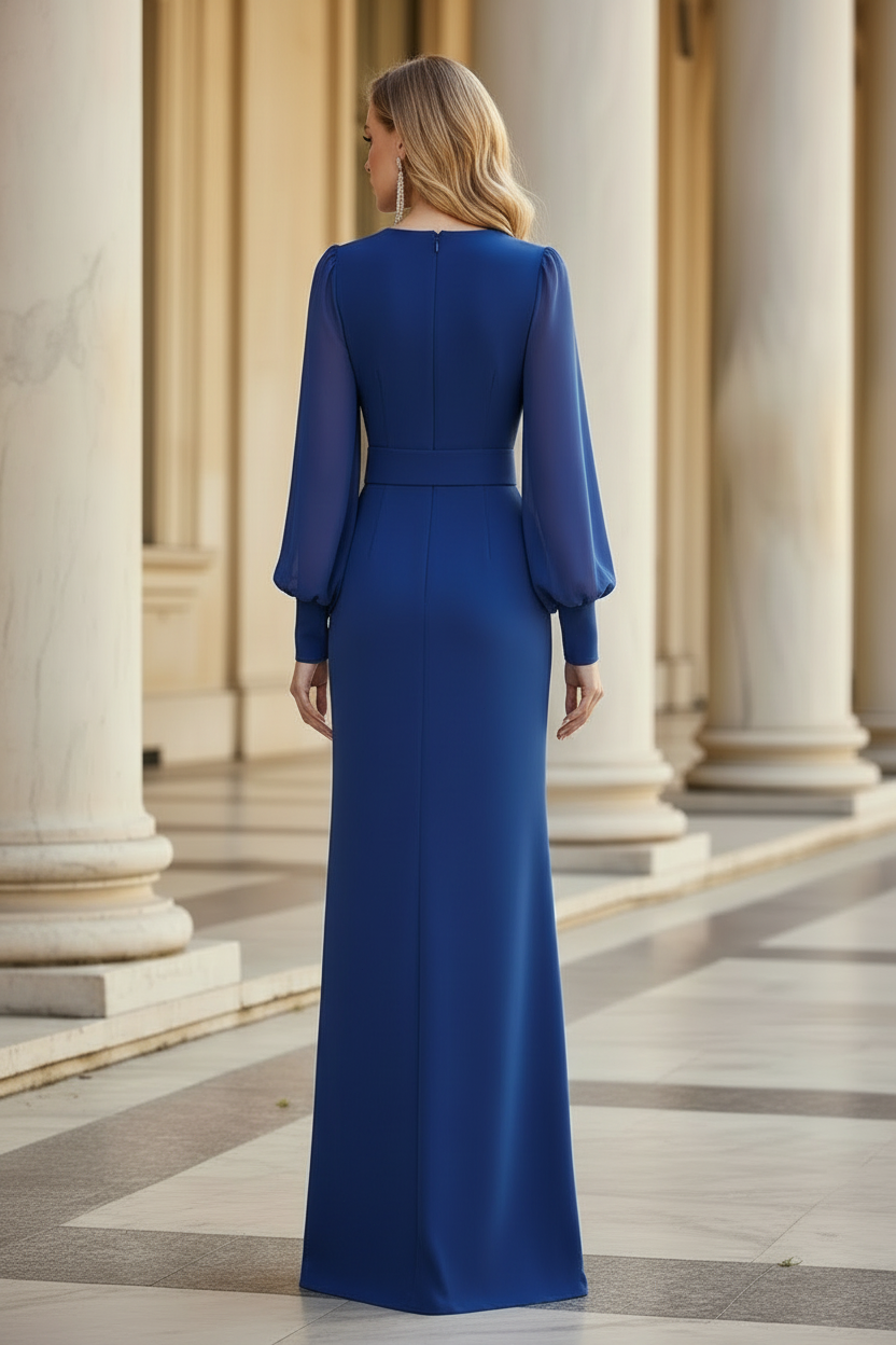 Long Sleeve Belted V-Neck Gown with High Slit