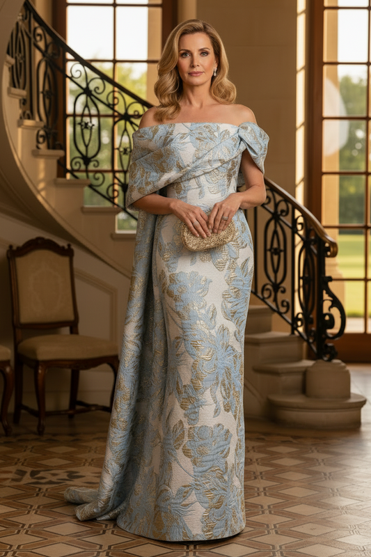 Off-the-Shoulder Jacquard Gown with Cape Train