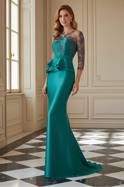 Illusion Bodice Beaded Mermaid Evening Gown