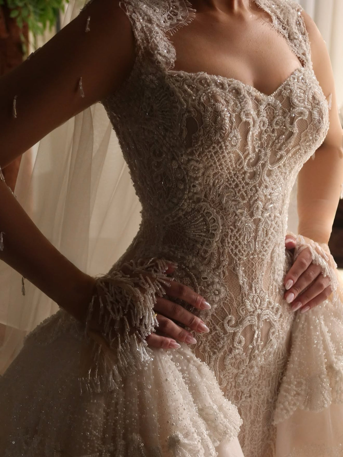 Beaded Lace Ball Gown Wedding Dress with Tiered Skirt