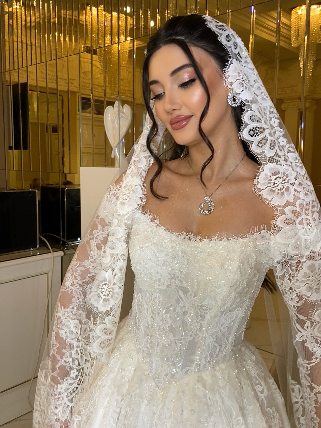 Off-the-Shoulder Lace Long Sleeve Ball Gown Wedding Dress