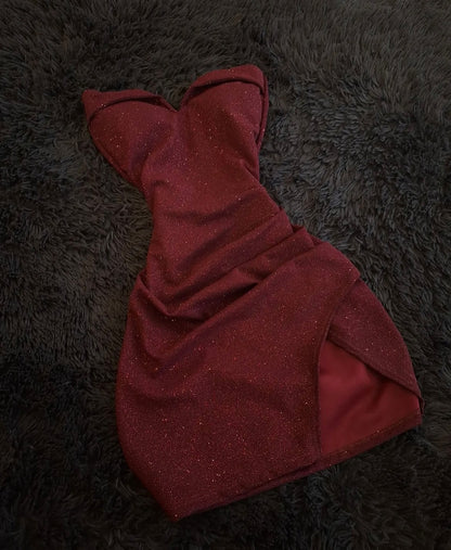 Strapless Sweetheart Ruched Glitter Mini Dress