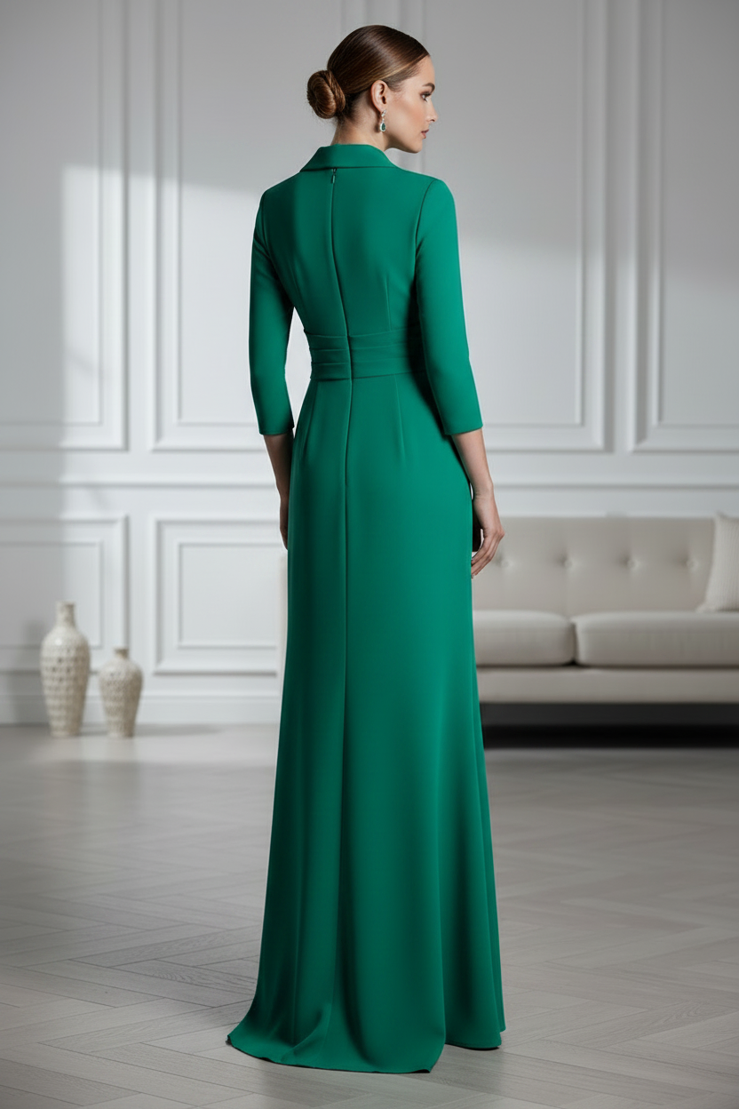 3/4 Sleeve V-Neck Draped Crepe Gown