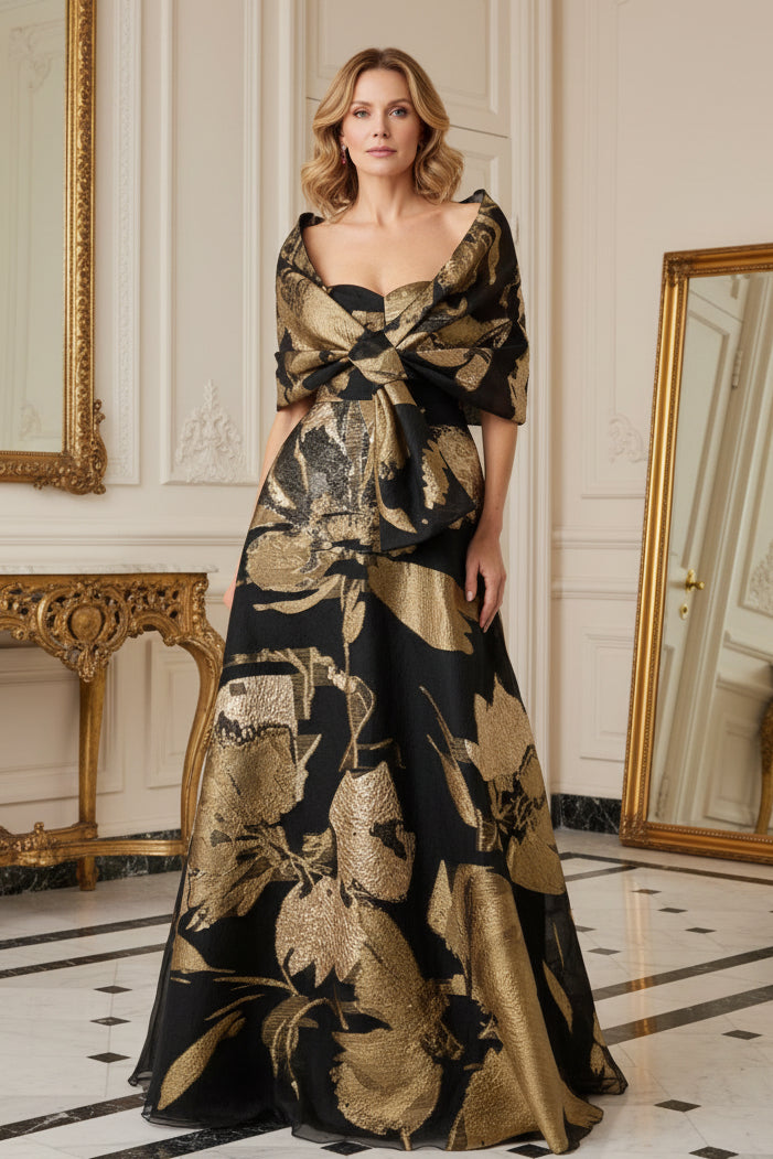 Off-Shoulder Jacquard Gown with Bow Waist Detail