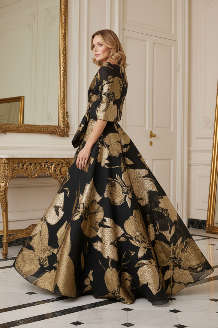 Off-Shoulder Jacquard Gown with Bow Waist Detail