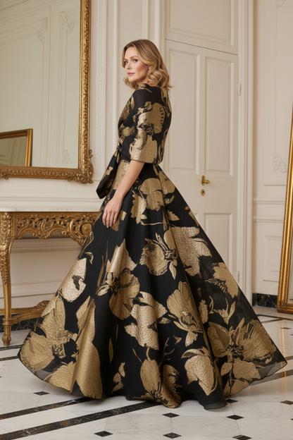 Off-Shoulder Jacquard Gown with Bow Waist Detail