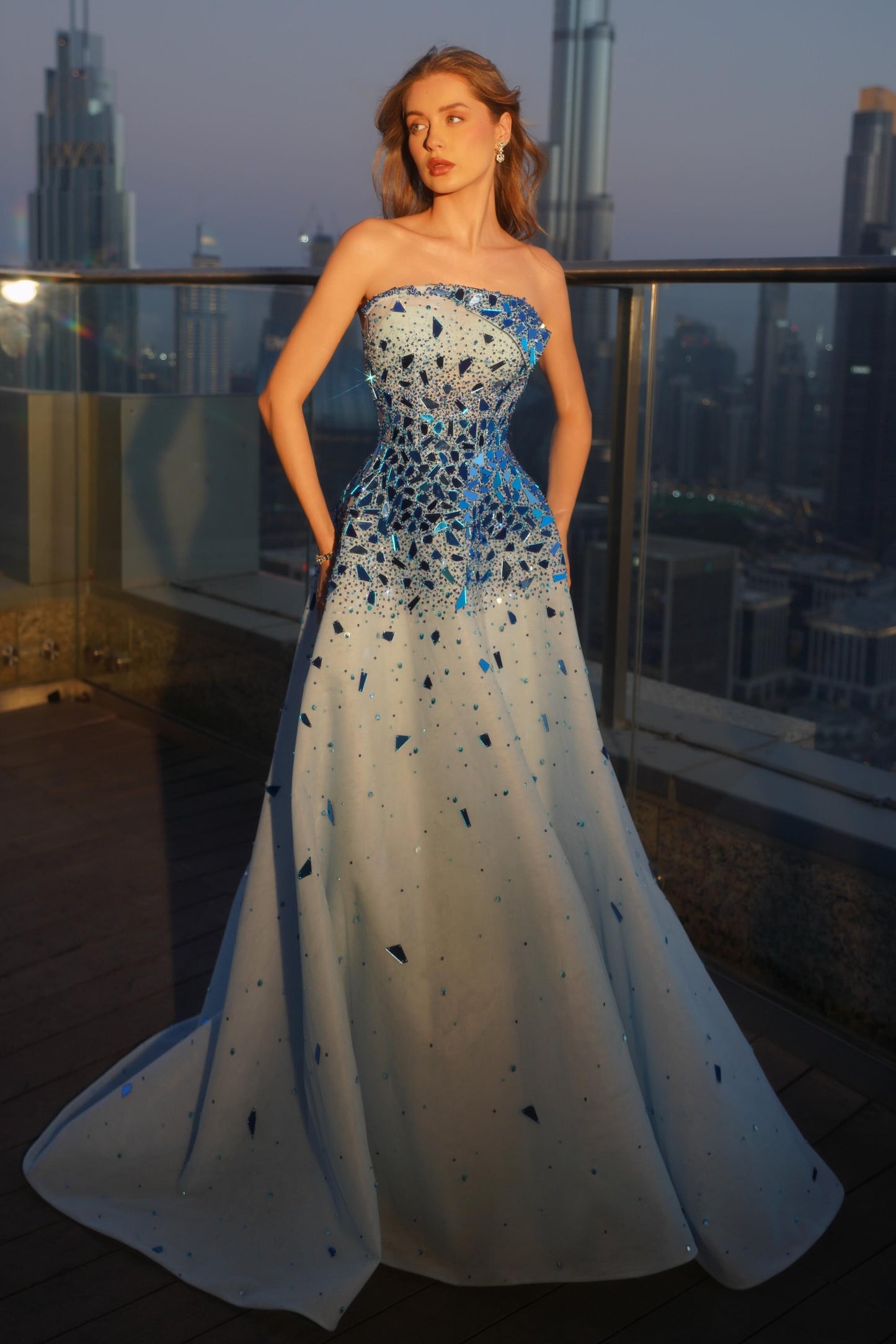 Strapless Crystal Embellished A-Line Evening Gown