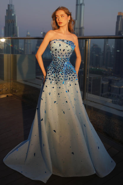 Strapless Crystal Embellished A-Line Evening Gown