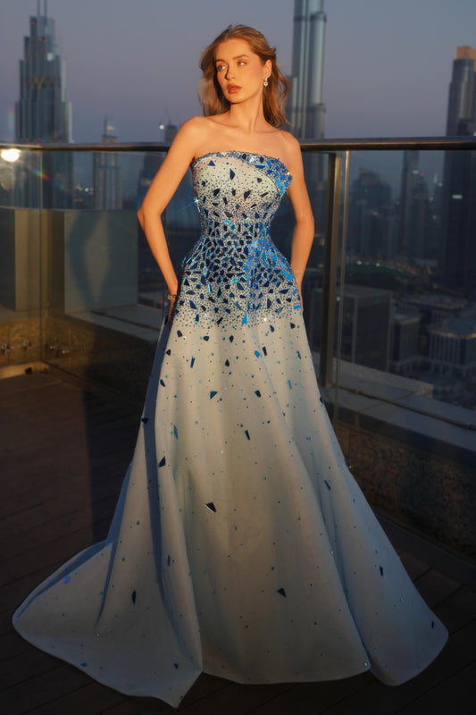 Strapless Crystal Embellished A-Line Evening Gown