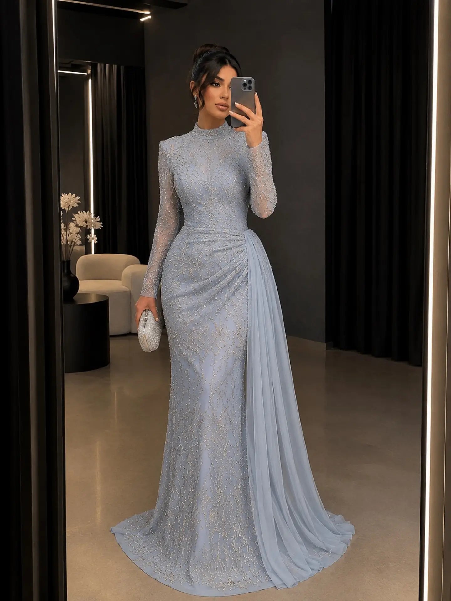 Beaded High Neck Evening Gown with Side Drape