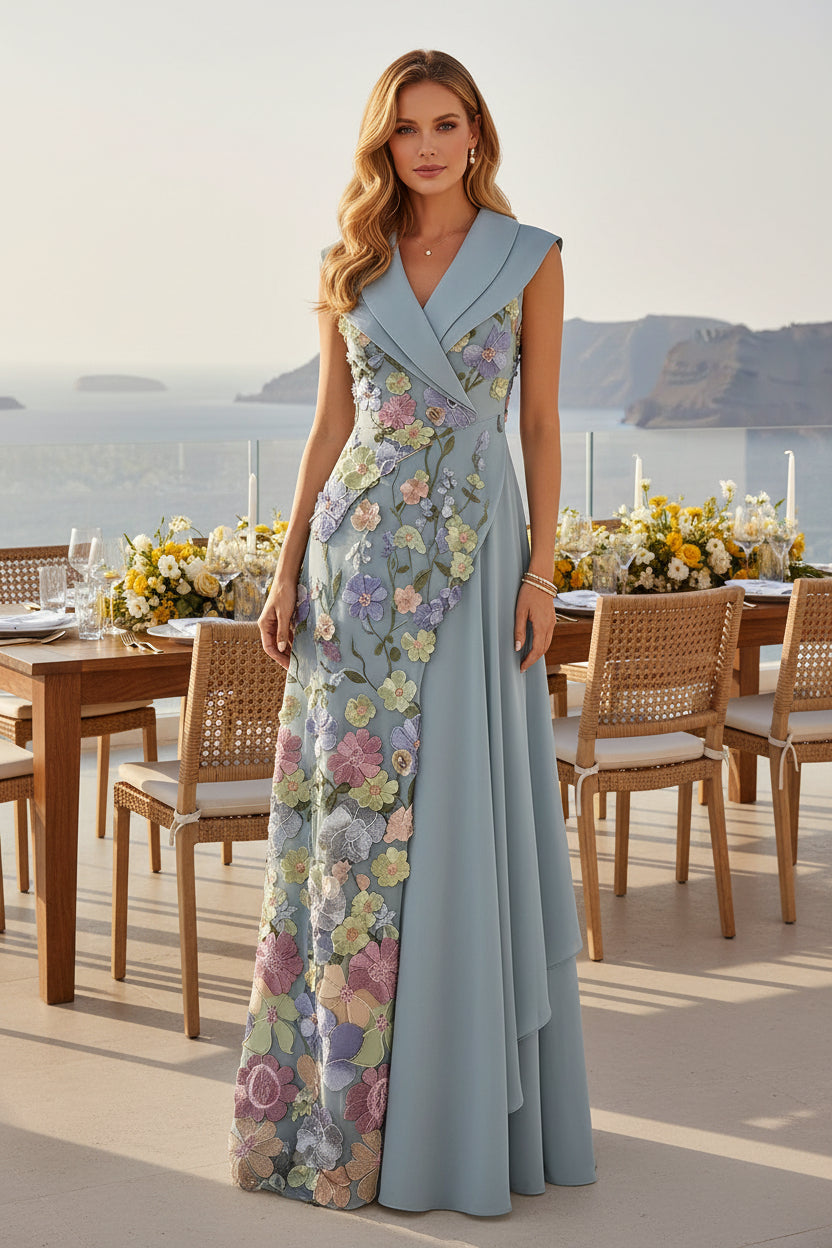 Floral Applique Shawl Collar A-Line Evening Gown