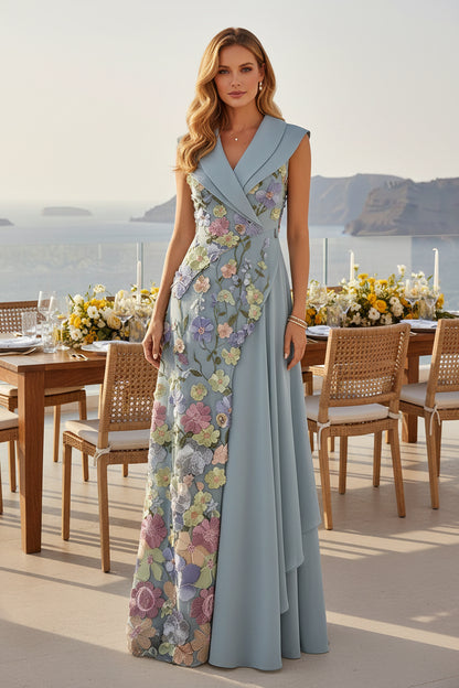 Floral Applique Shawl Collar A-Line Evening Gown