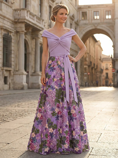 Elegant Off-Shoulder Floral A-Line Evening Gown