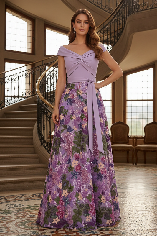 Elegant Off-Shoulder Floral A-Line Evening Gown