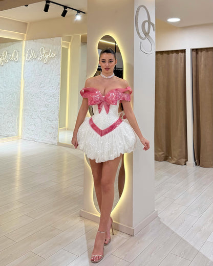 Off-The-Shoulder Bowknot Sequin Mini Dress