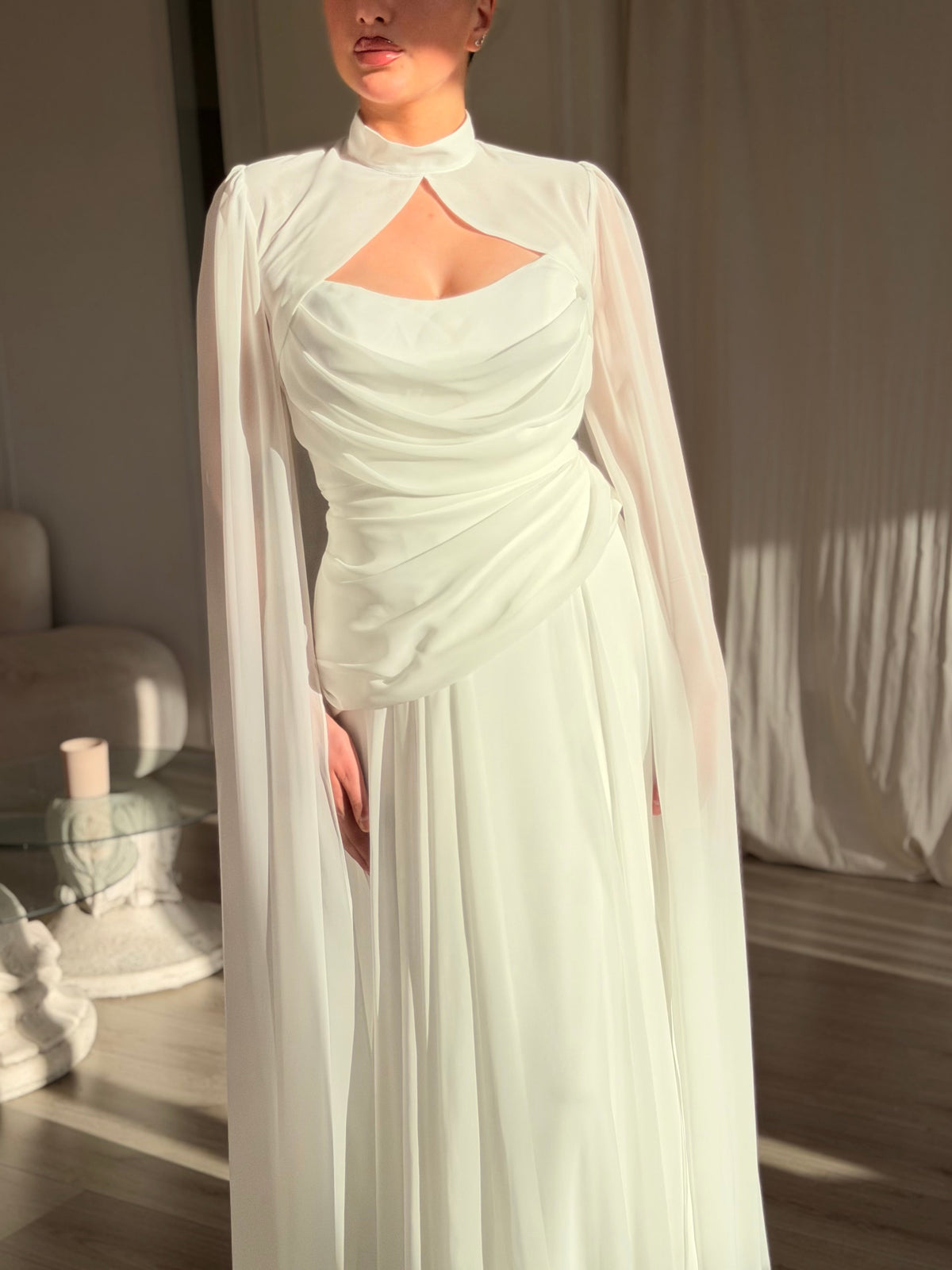 High Neck Cutout Cape Sleeve Evening Gown