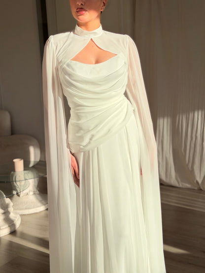 High Neck Cutout Cape Sleeve Evening Gown
