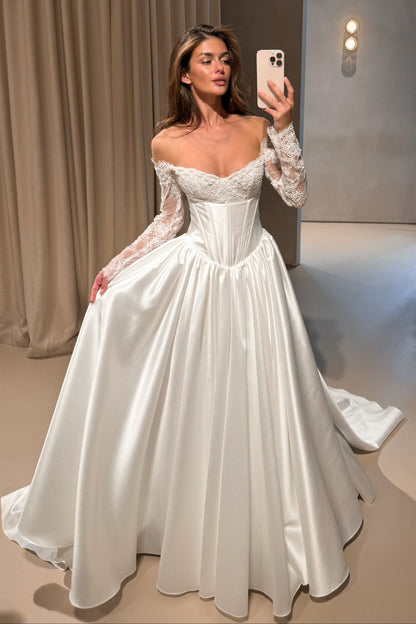 Off-Shoulder Lace Sleeve Corset Satin Ball Gown
