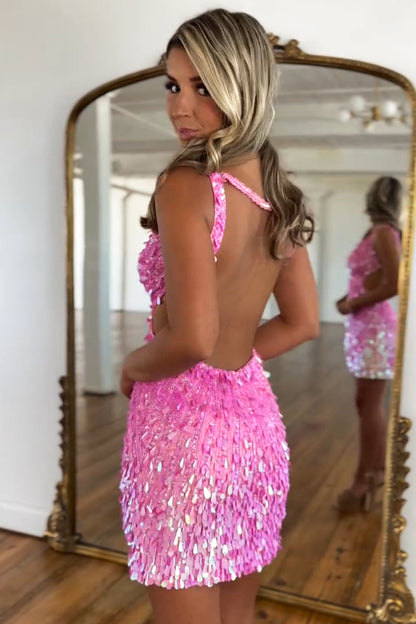 Sequin Fringe Deep V-Neck Backless Mini Dress