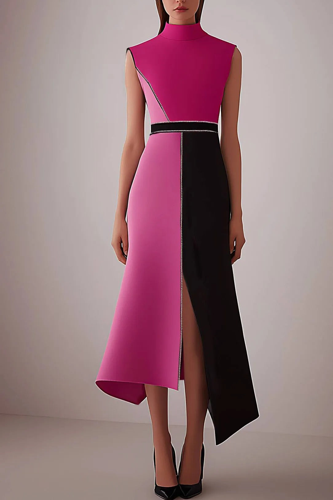 High-Neck Rhinestone Trim Asymmetrical Midi Dress