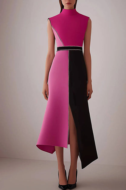 High-Neck Rhinestone Trim Asymmetrical Midi Dress