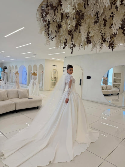 High Neck Lace Bodice Ball Gown Wedding Dress