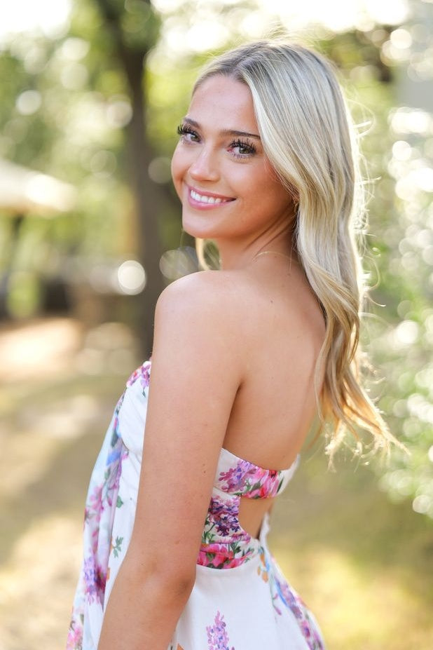 Strapless Floral Print Ruffle Hem Mini Dress