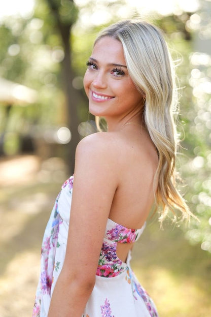 Strapless Floral Print Ruffle Hem Mini Dress