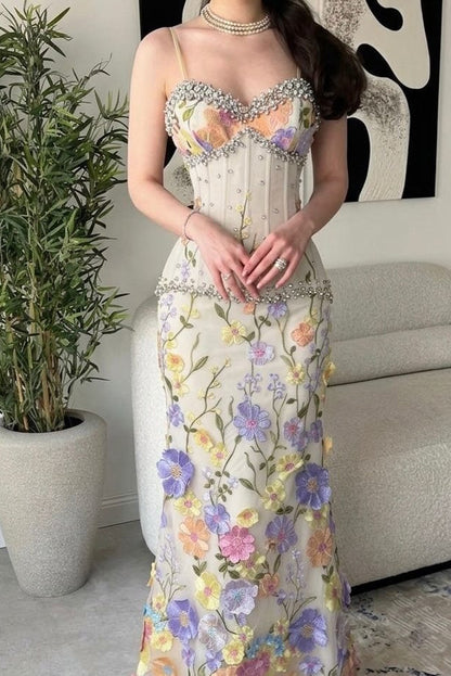 Floral Embroidered Corset Mermaid Gown with Pearls