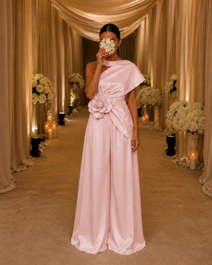 One-Shoulder Rosette Wide-Leg Satin Jumpsuit