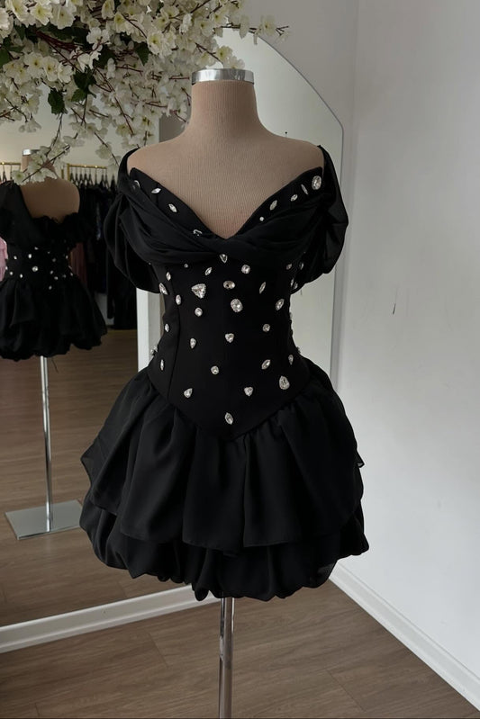 Off-the-Shoulder Crystal Corset Bubble Mini Dress