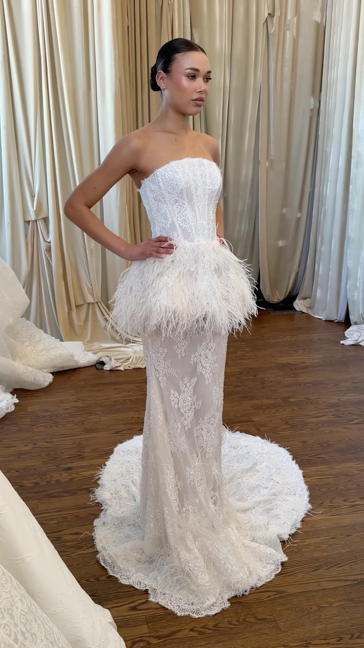 Strapless Lace Wedding Dress with Feather Peplum