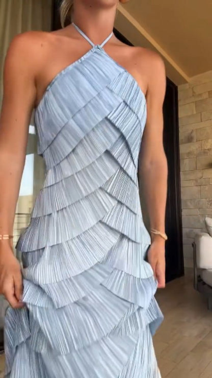 Tiered Pleated Halter Gown with Open Back